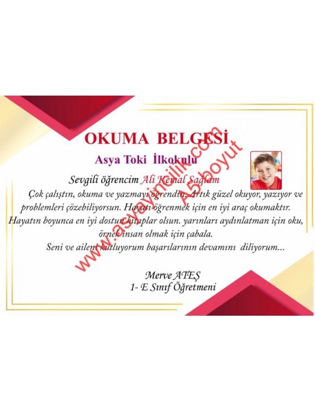 Okuma Yazma Başarı Belgesi 7